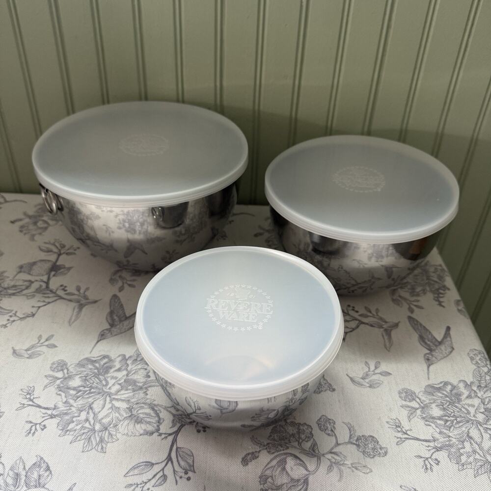 Vtg Revere Ware Stainless Steel Nesting Mixing Bowls Set of 3 Lids Ring Handle